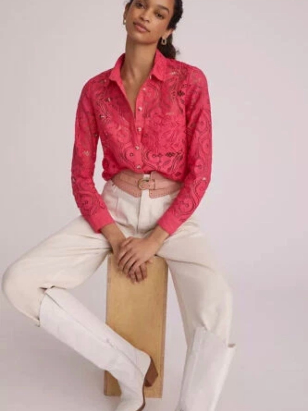 Anthropologie Maeve Pink Lace Button Down Shirt Blouse Size 6